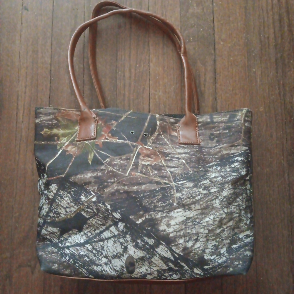 Brown Camo Tote Bag with Leather Handles